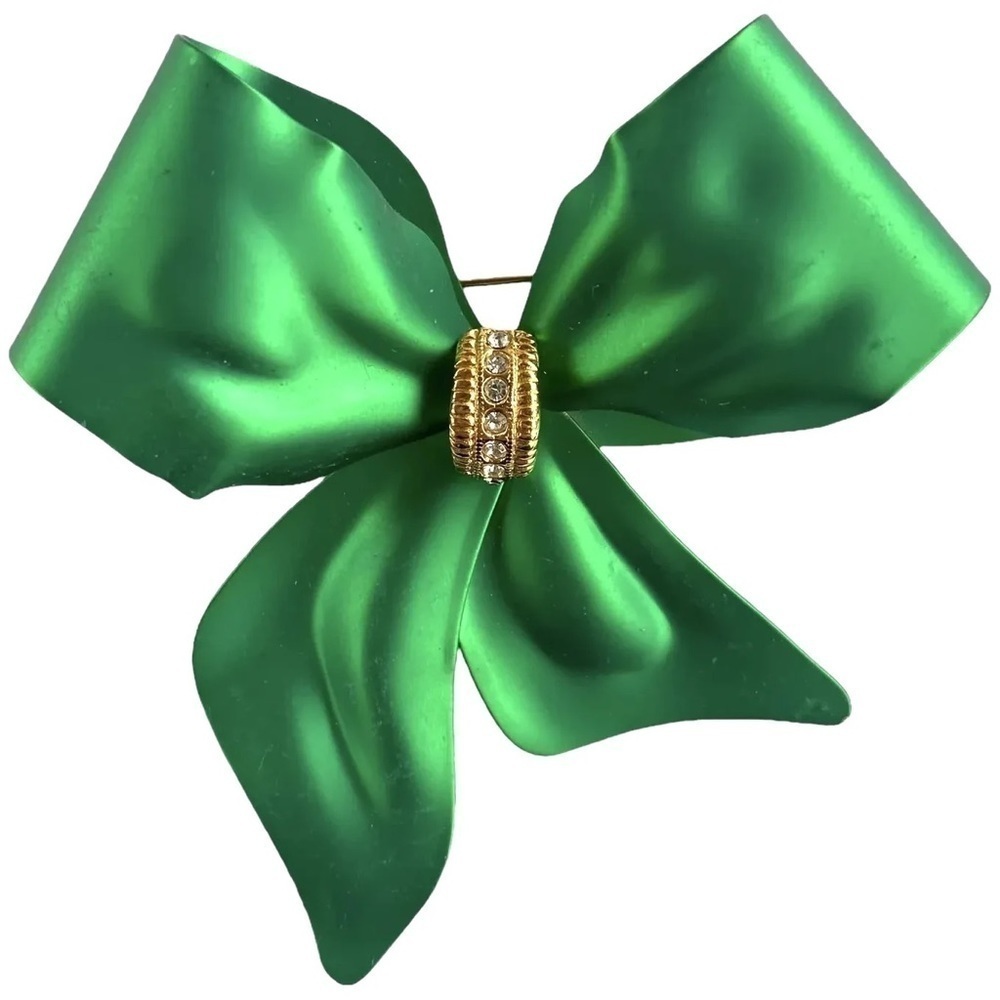Vintage Bow Brooch Green Satin Ribbon Jewelry